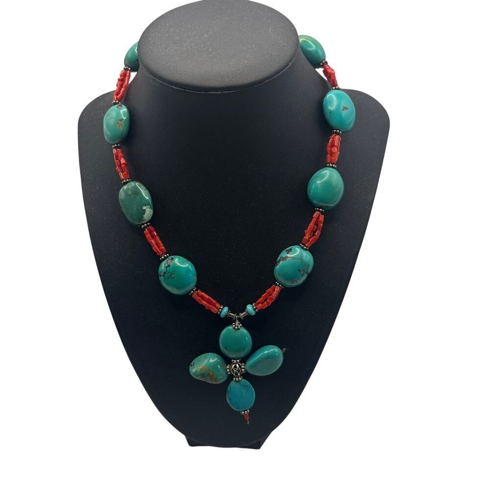 Southwest Turquoise Red Coral Beaded Cross Pendant Statement Necklace Boho